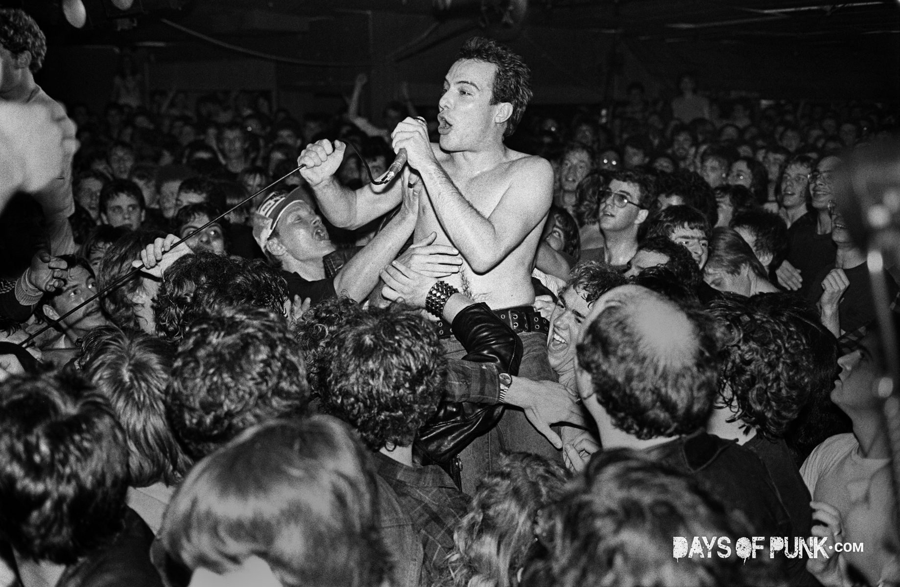Jello Biafra, lead singer of the punk rock group “Dead Kennedys”, performing on stage in April 1981 in Boston, Massachusetts.
